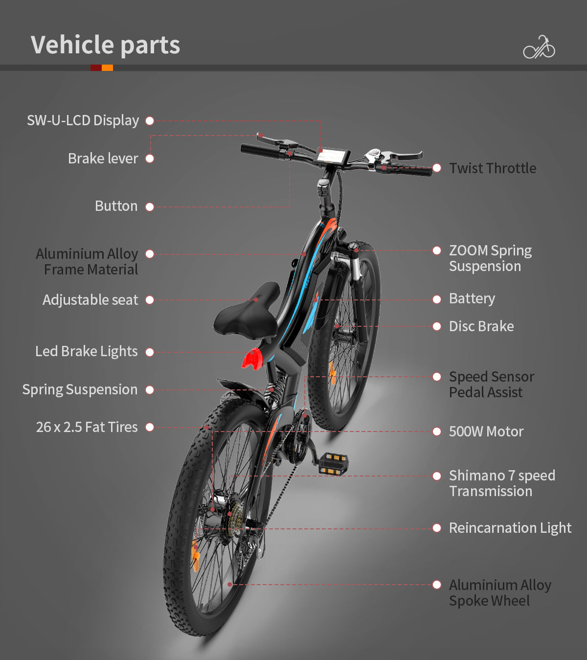 26x2.35 Inch E-Bike 48V 500W Rear Motor 15AH Lithium Battery Front Suspension & Dual Mechanical Disc Brakes