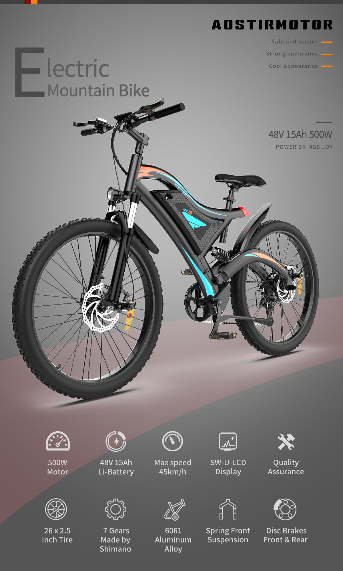 26x2.35 Inch E-Bike 48V 500W Rear Motor 15AH Lithium Battery Front Suspension & Dual Mechanical Disc Brakes